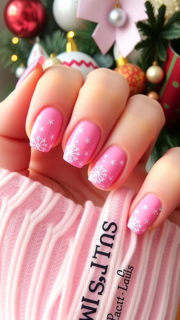 Pink and white Christmas nail art with snowflakes and glitter on a festive background.
